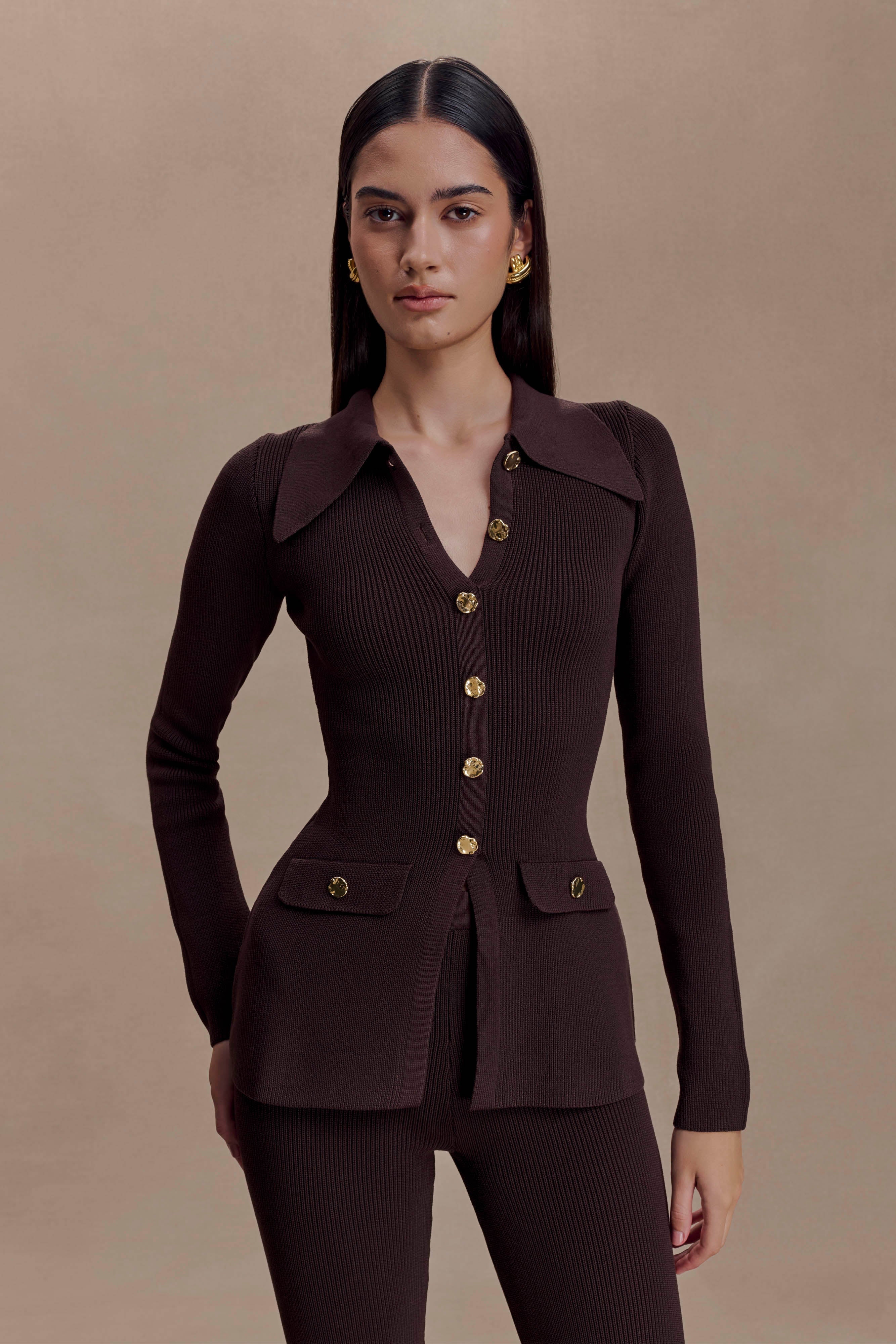 Suzie Ribbed Long Sleeve Longline Top - Chocolate